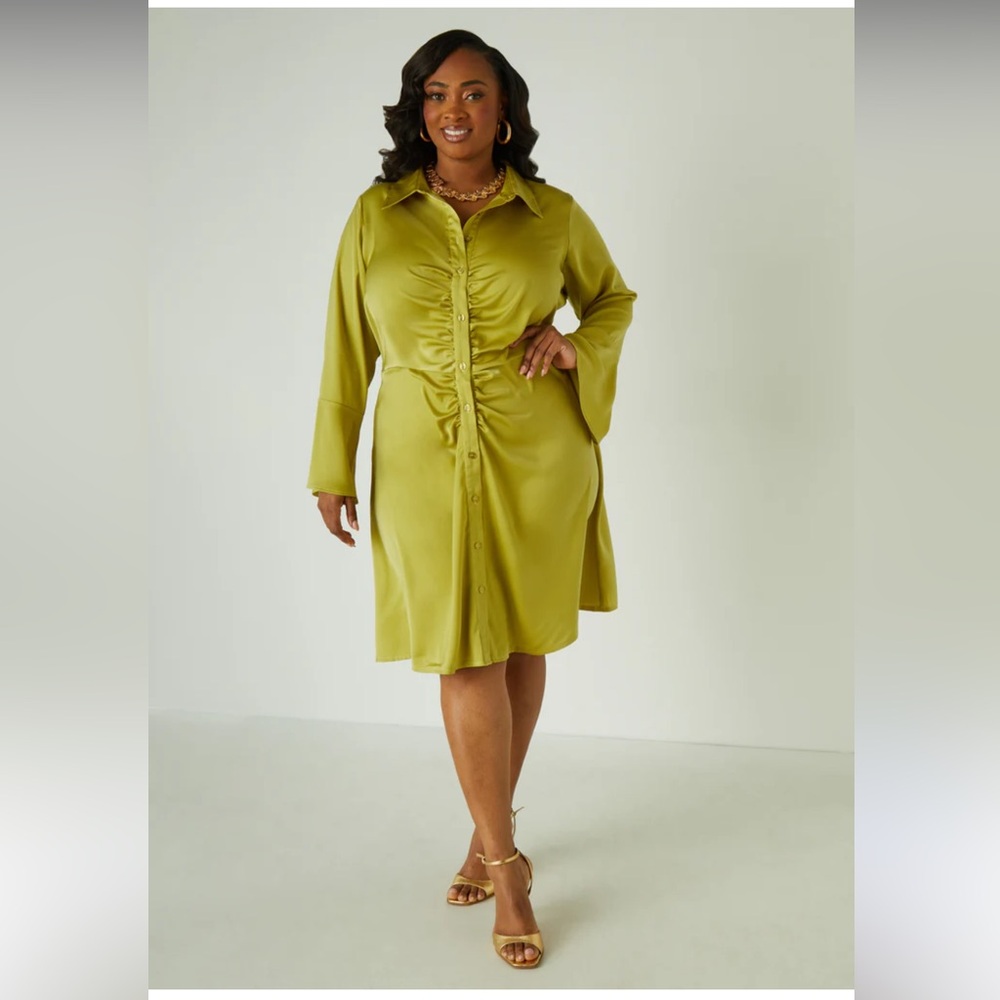 ASHLEY STEWART - RUCHED SATIN SHIRT DRESS